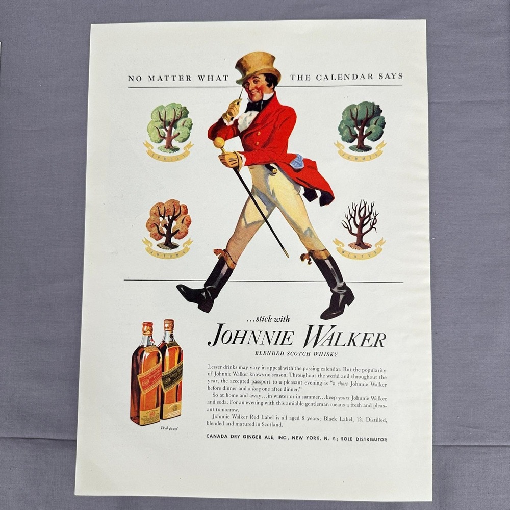 1937 Johnnie Walker Scotch Whisky Print Ad Red Black Label Gentleman Seasons